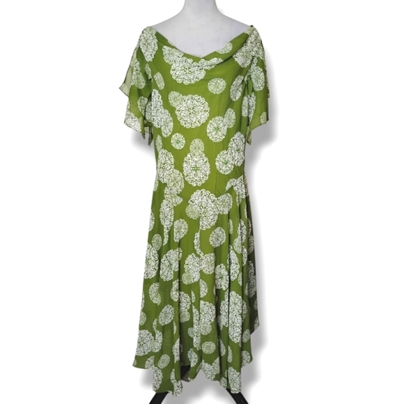 Robbie Bee Chiffon Maxi Dress 16 Green White Flutter Sleeve Romantic Fairycore - Picture 1 of 12